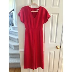 Boden Red V-Neck Wide Leg Cropped Short Sleeve Jumpsuit
